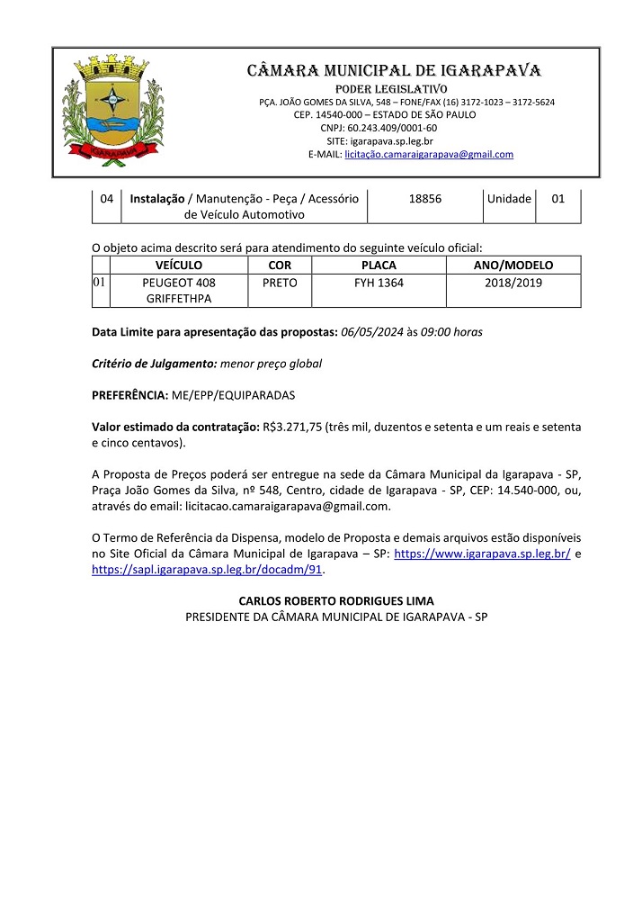 Aviso de Contratação Direta - Dispensa de Licitação 03.2024 - Proc. Adm. 15.2024 - Aquisição de Peças e Manutenção Automotiva (compressor)1.jpg