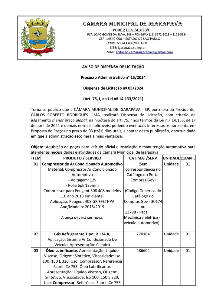 Aviso de Contratação Direta - Dispensa de Licitação 03.2024 - Proc. Adm. 15.2024 - Aquisição de Peças e Manutenção Automotiva (compressor).jpg