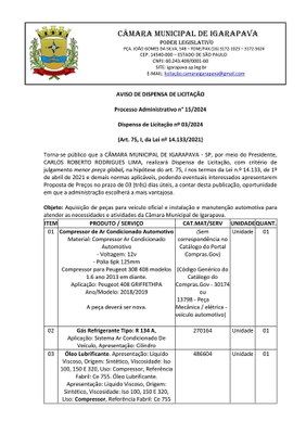 Aviso de Contratação Direta - Dispensa de Licitação 03.2024 - Proc. Adm. 15.2024 - Aquisição de Peças e Manutenção Automotiva (compressor).jpg