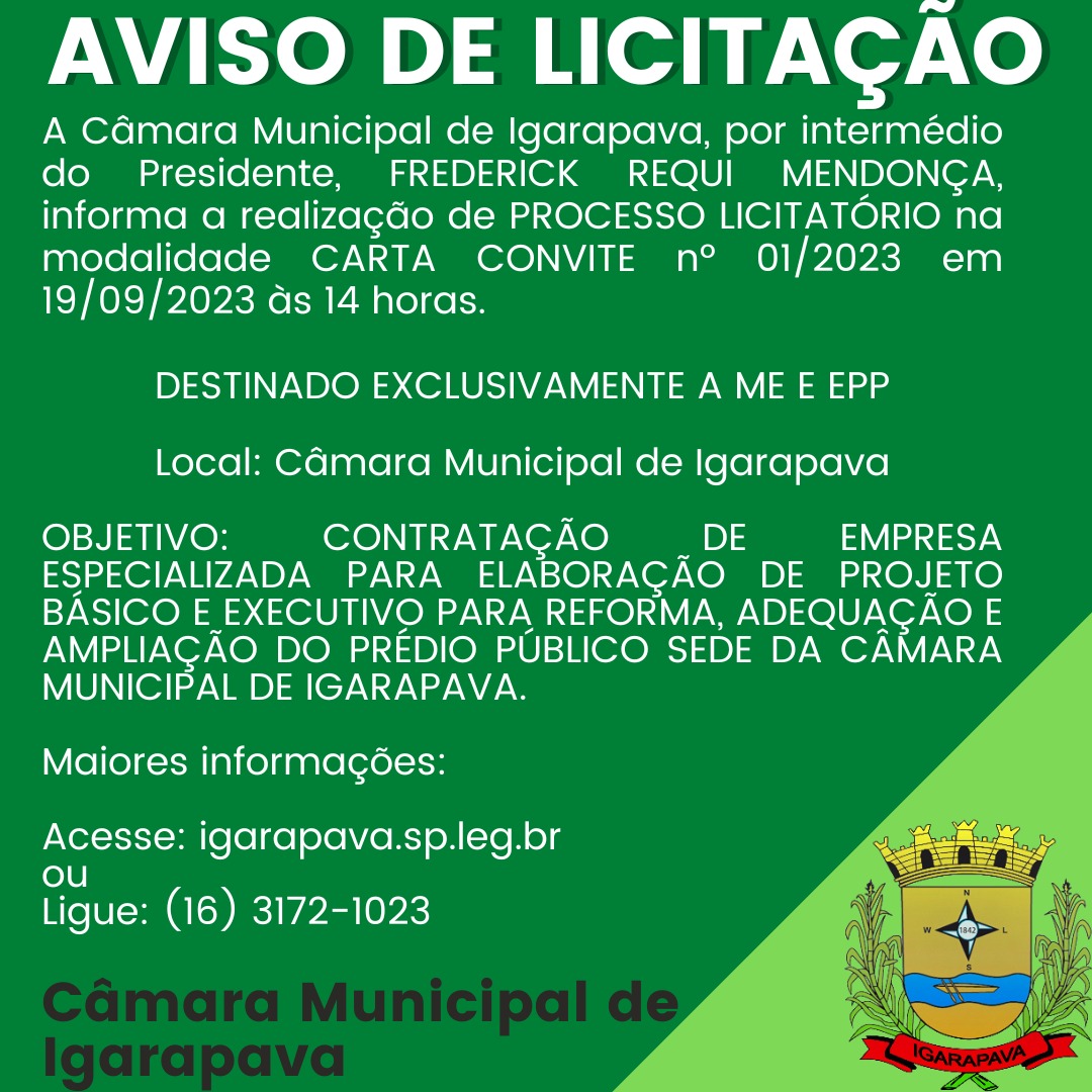 AVISO DE LICITAÇÃO CARTA CONVITE Nº 001/2023 Processo nº 46/2023